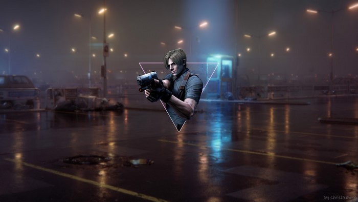 Leon Kennedy from Resident Evil in a rainy parking lot