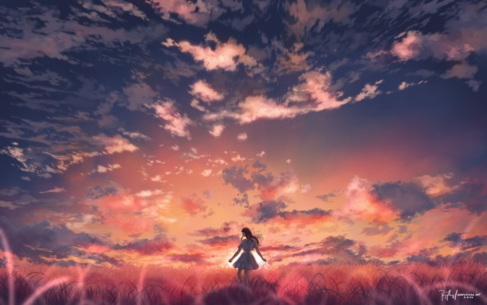 Anime girl in a field at sunset