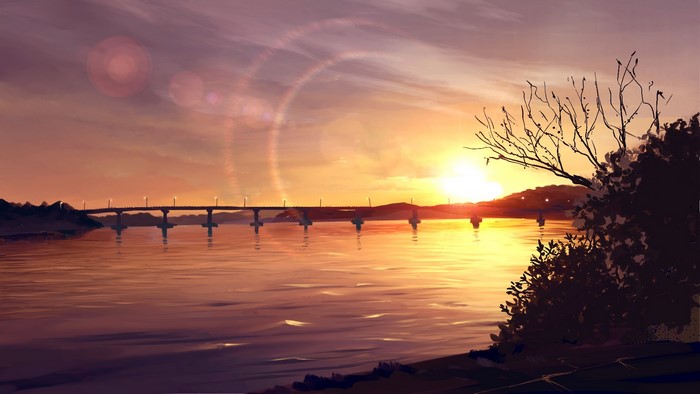 Anime landscape of a river at sunset with a bridge