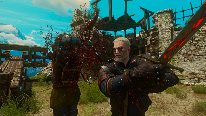 Geralt of Rivia from The Witcher 3: Wild Hunt with a bloody enemy