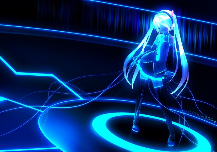 Hatsune Miku from Vocaloid in a blue neon environment