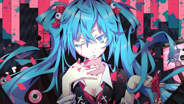 Hatsune Miku with blue hair and blood