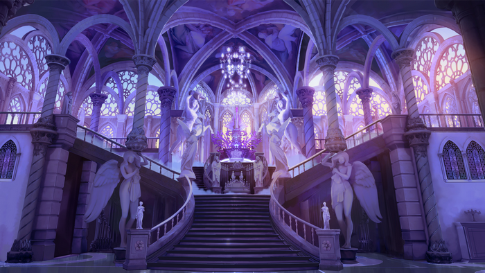 Fantasy temple interior with grand staircase and statues