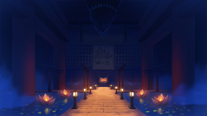 Anime temple pathway with lotus flowers and lanterns