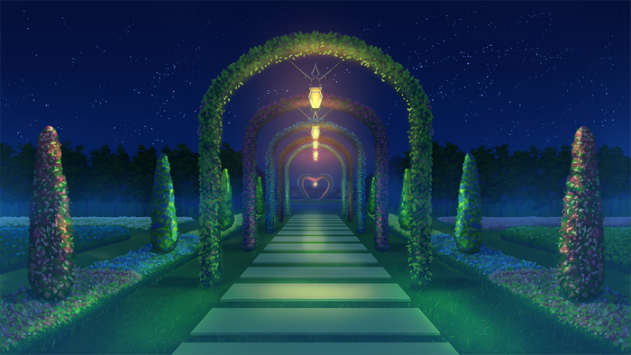 Night garden with illuminated arches and heart.