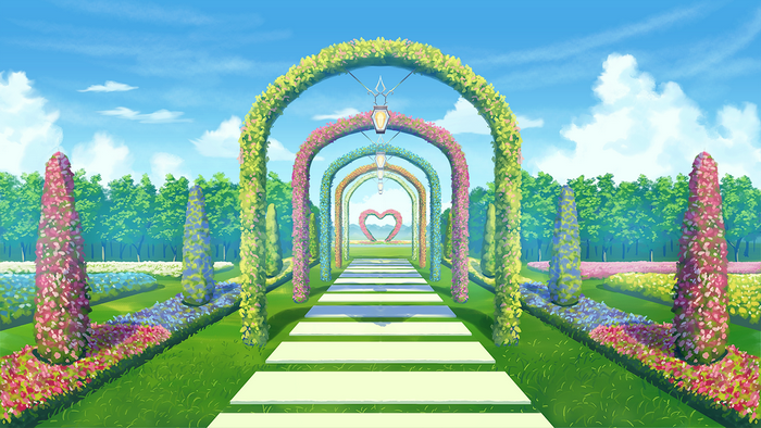 A beautiful garden with flower arches and a heart sculpture
