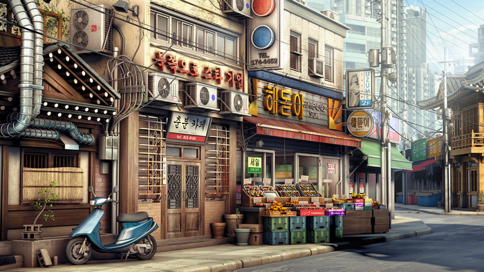 Korean street with shops and scooter