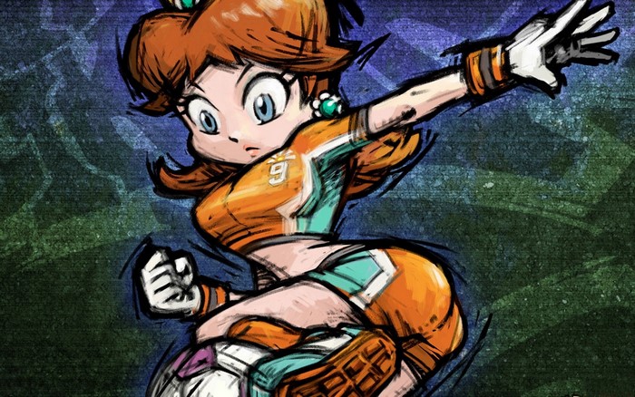 Princess Daisy from Super Mario playing soccer