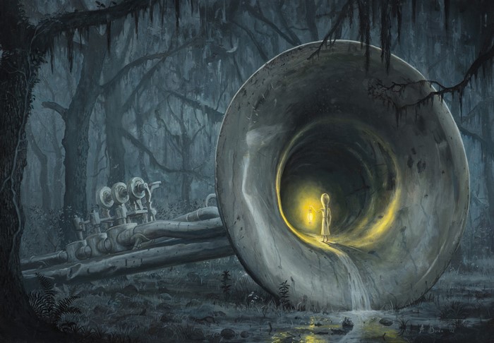 Child with lantern inside a giant tuba in a dark forest