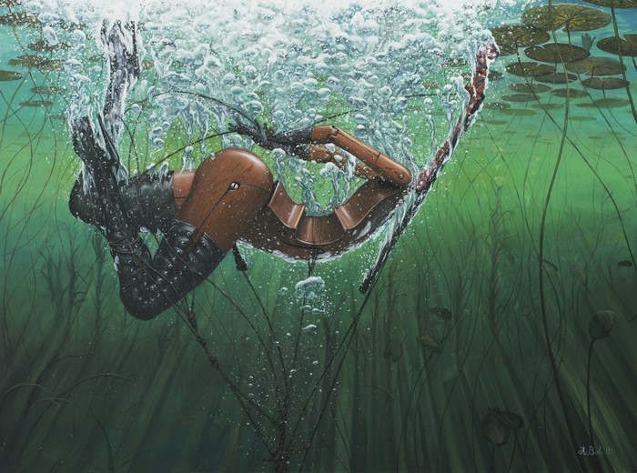 Surreal underwater painting of a wooden figure with boots and violin