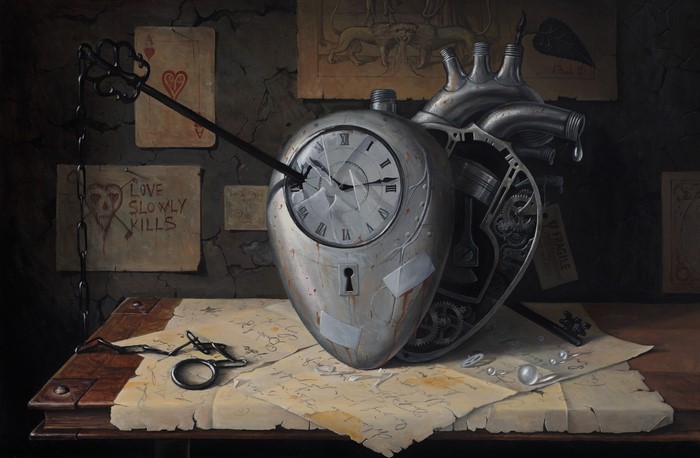Surreal Mechanical Heart Clock with Key and Cards