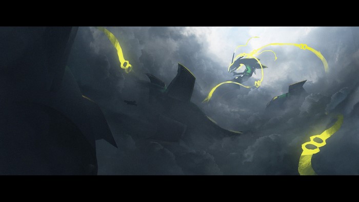 Rayquaza from Pokémon in a cloudy sky