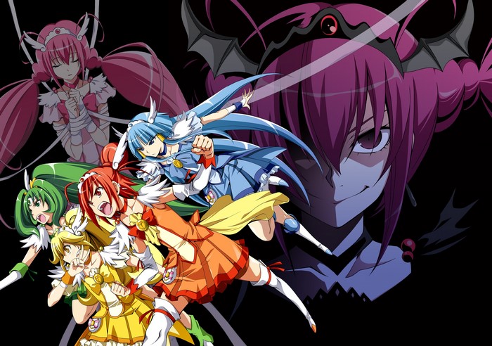 Pretty Cure characters fighting a dark antagonist