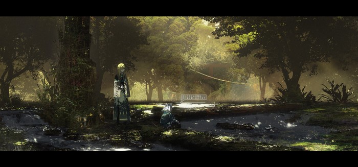 Anime forest scene with two figures