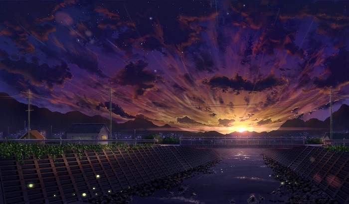 Anime landscape painting of a sunset over a river