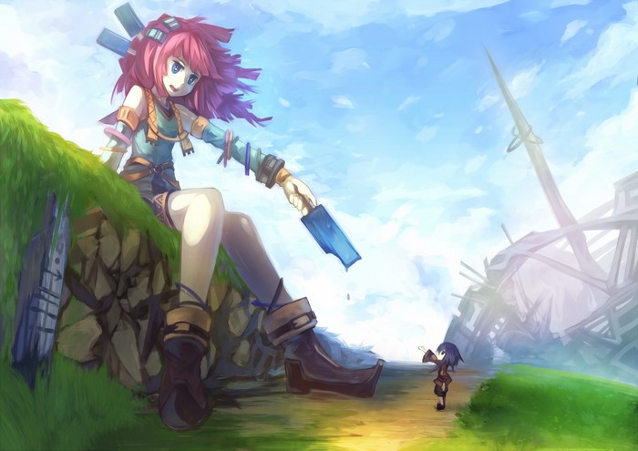 Fantasy girl with pink hair and a small child in a ruined landscape