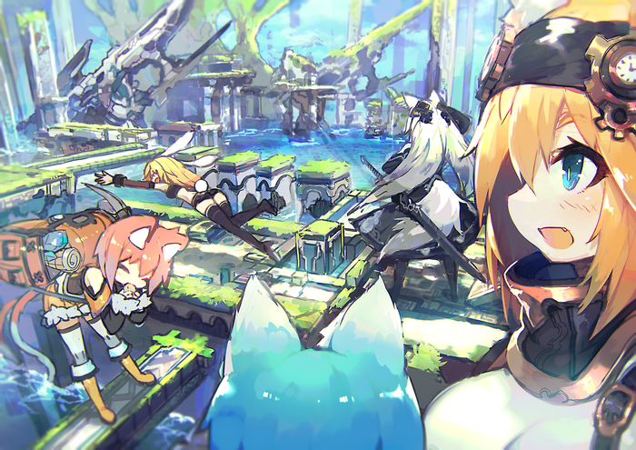 Fantasy girls with animal ears in a futuristic landscape