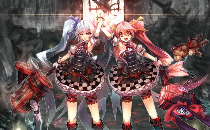 Two anime girls with blue and pink hair holding weapons