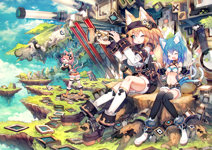 Anime girls with animal ears in a floating island world