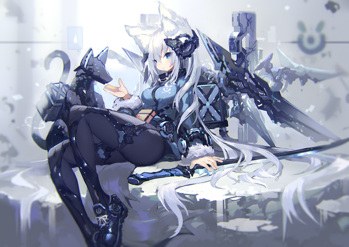 Anime girl with white hair and fox ears with mecha dog