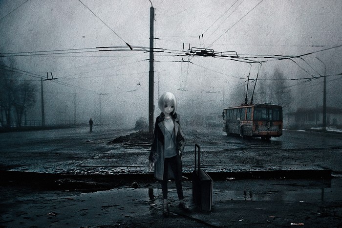 Anime girl with suitcase at abandoned bus stop