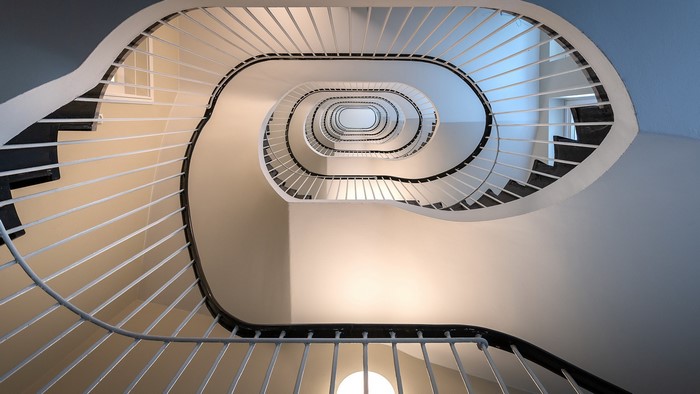 Spiral staircase looking up, architecture, photography