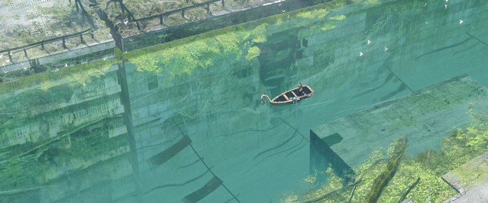 Boat on a river with reflections