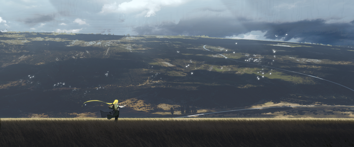 Anime girl with blonde hair in a field