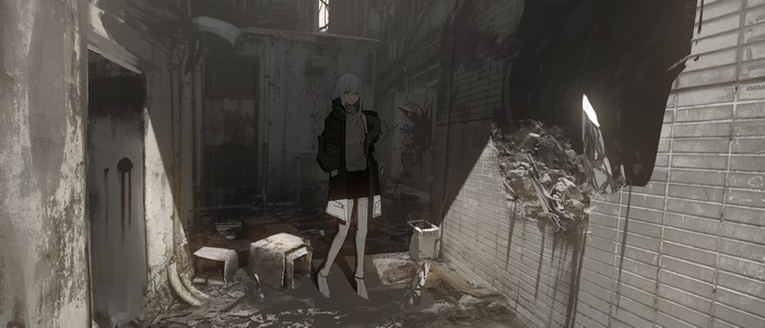 Anime girl in destroyed urban environment