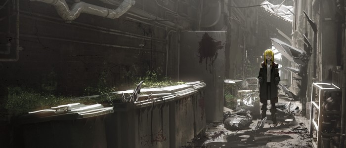 Anime girl with blonde hair in a post-apocalyptic alley