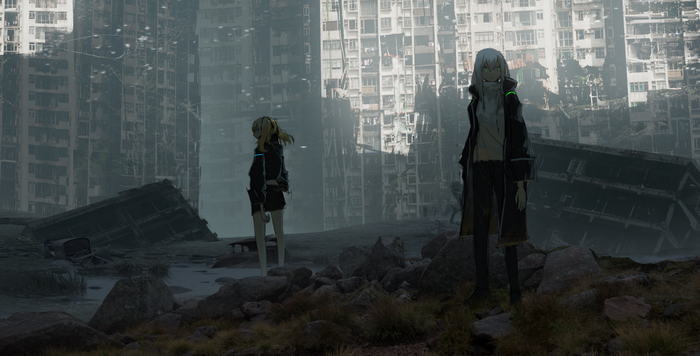 Anime girls in post-apocalyptic city