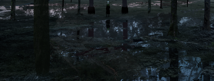 4K anime forest with a girl and reflections