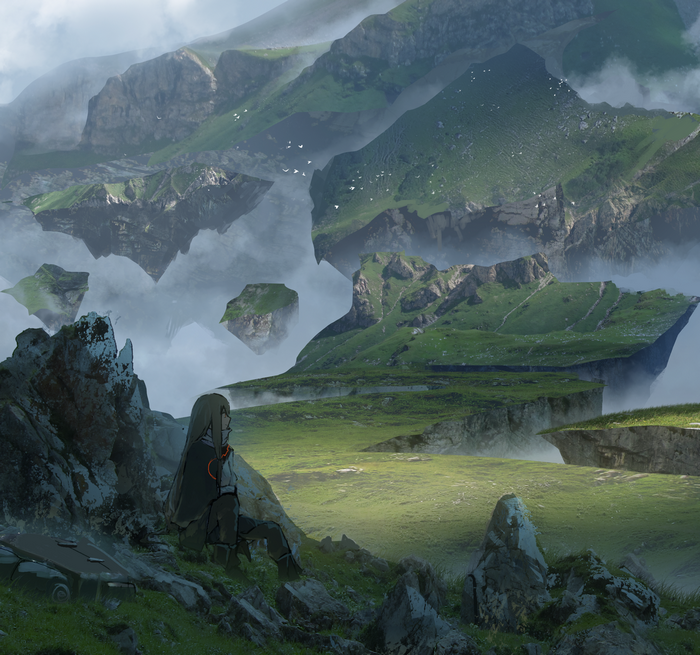 Anime girl sitting on rocks overlooking floating islands