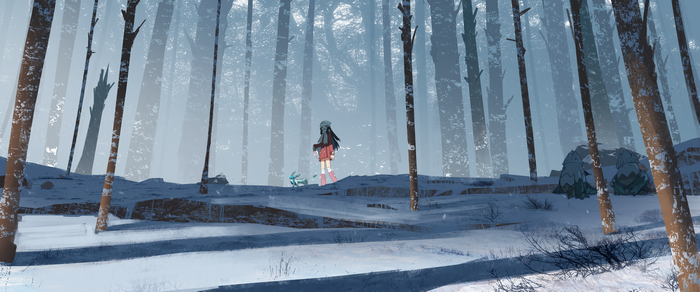 Anime girl and creature in snowy forest