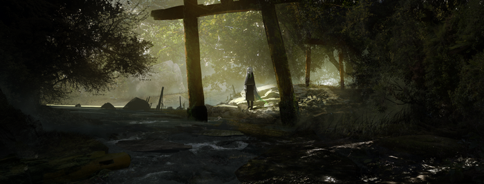 Anime character near torii gate in forest