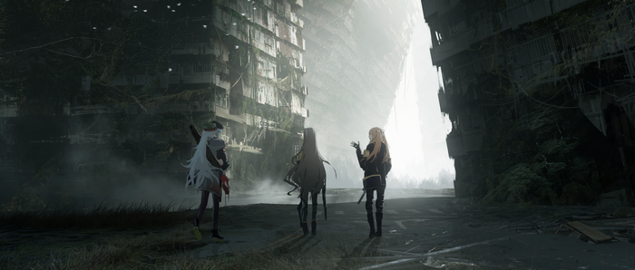 Girls Frontline characters in a ruined city