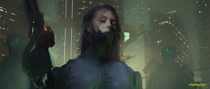 Woman in futuristic armor with robotic guards in Cyberpunk 2077