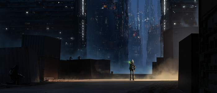 Cyberpunk city at night with figures