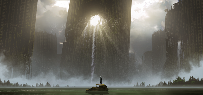 4K anime post-apocalyptic city with waterfall