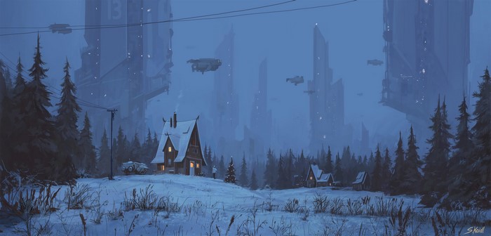 Futuristic winter landscape with houses and flying vehicles