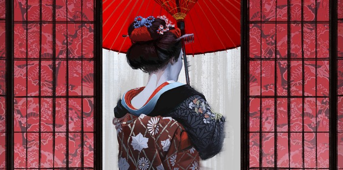 Geisha with Red Umbrella by Conor Smith