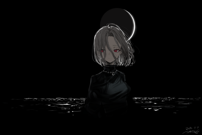 Anime girl with red eyes under a crescent moon