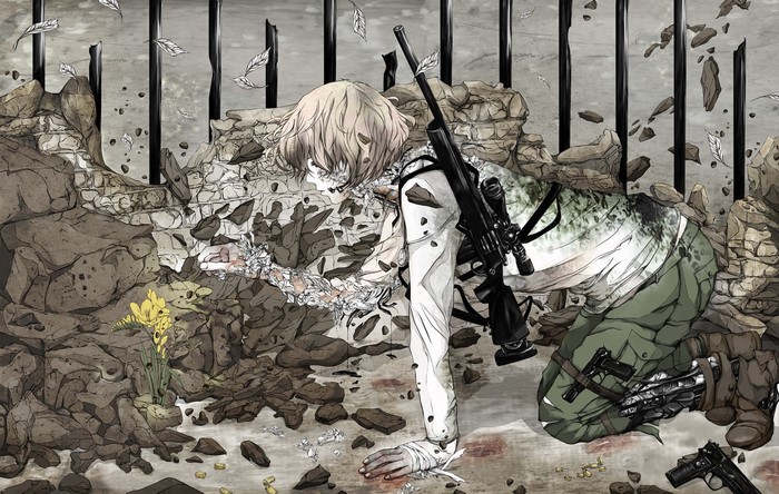 Anime character with sniper rifle in ruins