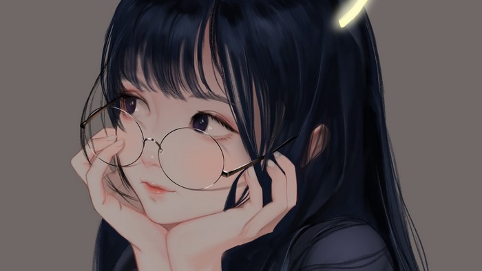 Anime Girl with Purple Eyes and Black Hair Wearing Glasses