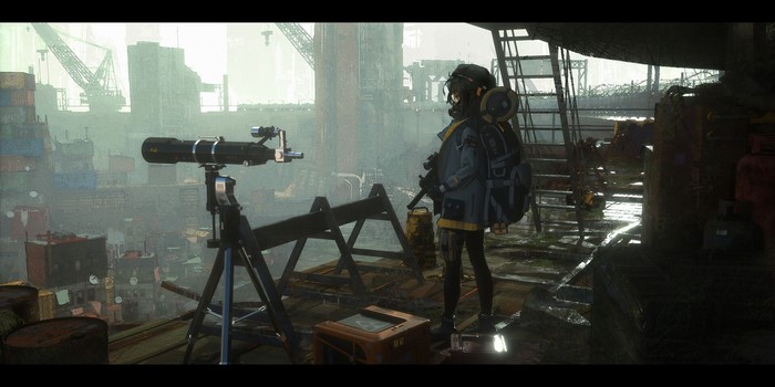 Anime girl with gas mask and rifle in industrial cityscape