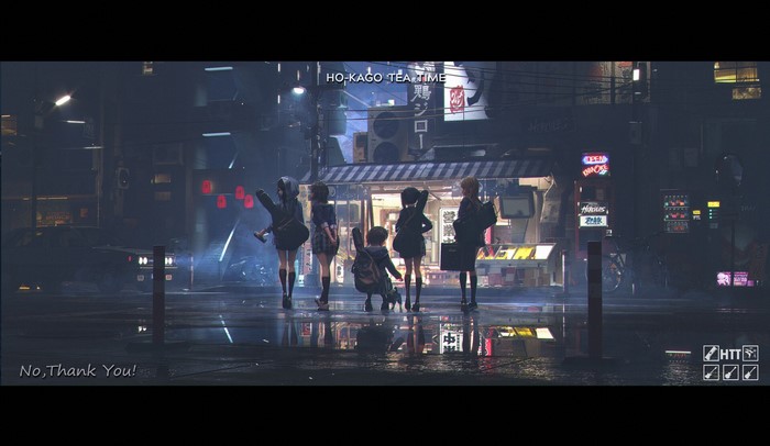 Ho-Kago Tea Time anime girls in a rainy city at night