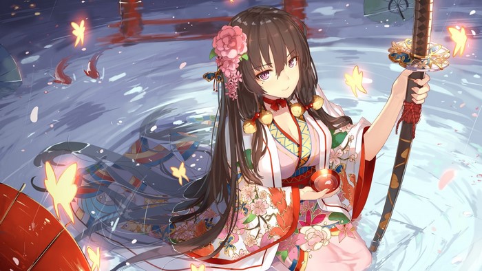 Anime girl in kimono holding a katana with butterflies