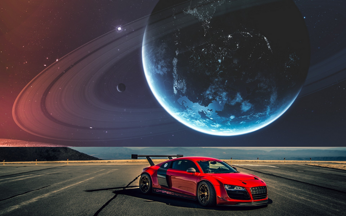 Red race car on a road with planets and rings in the sky