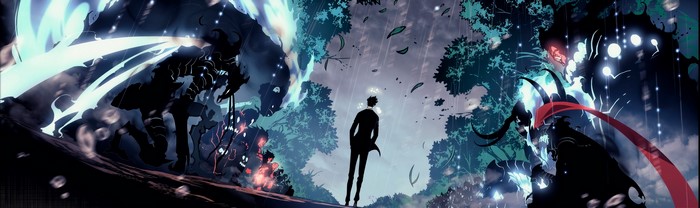 Sung Jin Woo in a dark forest with shadow monsters