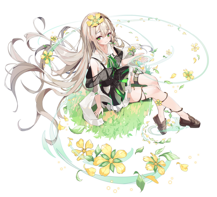 Anime girl with gray hair and green eyes sitting on grass